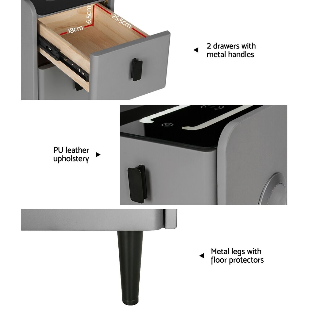 Artiss Smart Bedside Table 2 Drawers with Wireless Charging Ports LED Grey AIDA Price