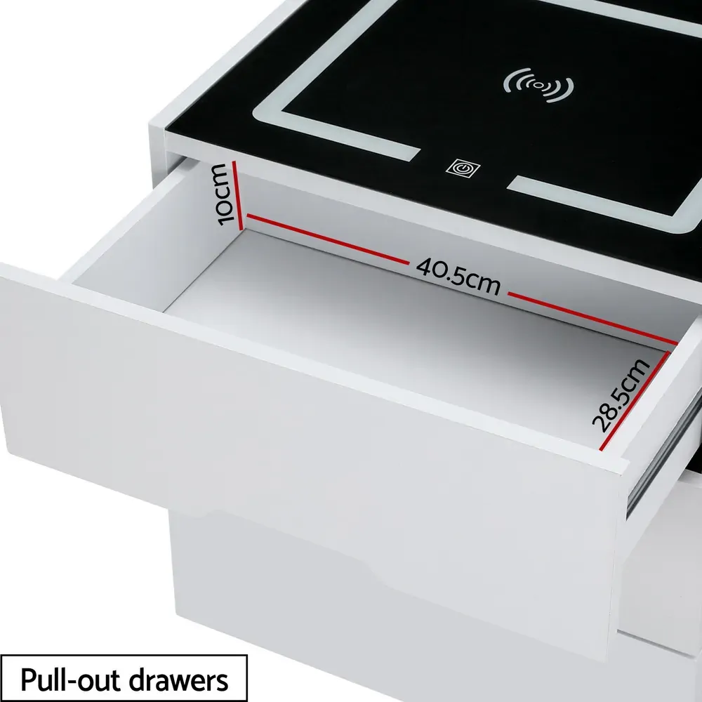 Smart Bedside Table 3 Drawers with Wireless Charging Ports LED White ADAD Price