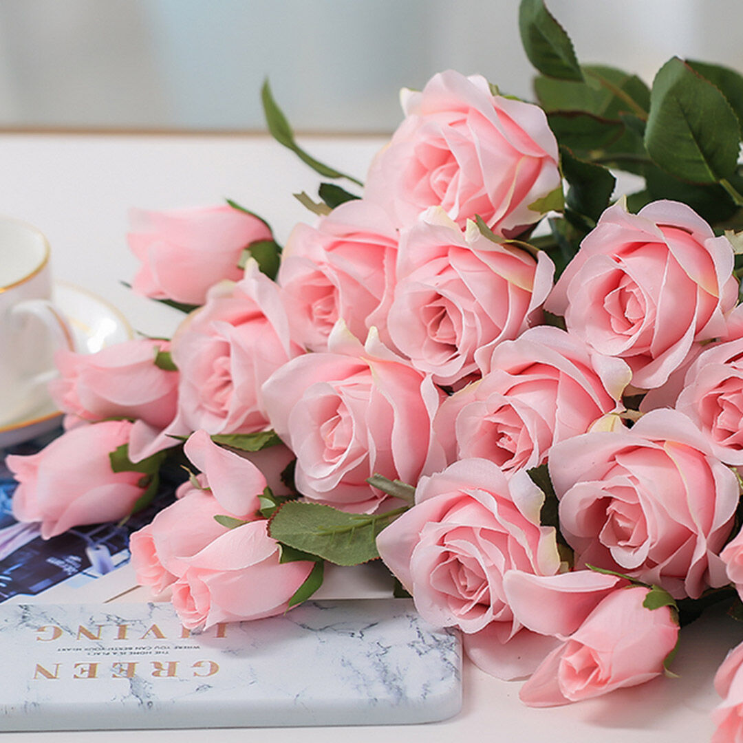 8 bunch artificial silk rose 5 heads flower fake bridal bouquet table decor light pink Price