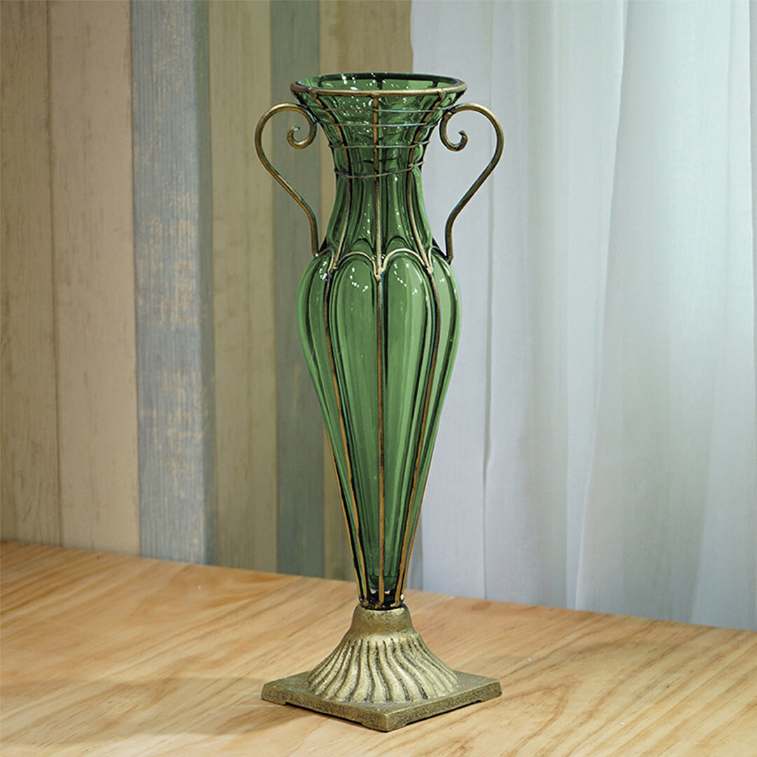 green colored european glass flower vase solid base with two gold metal handle Price