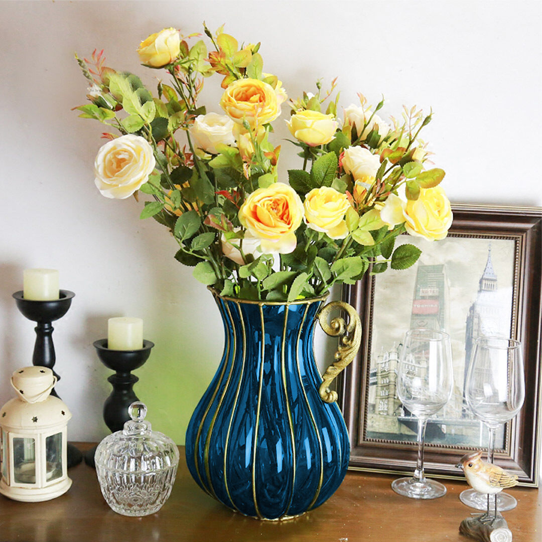 blue european colored glass home decor jar flower vase with metal handle Price