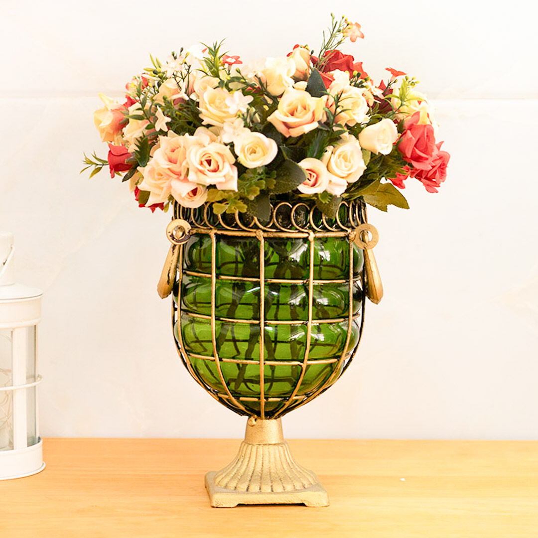 Green Colored European Glass Jar Flower Vase Solid Base with Metal Handle Price