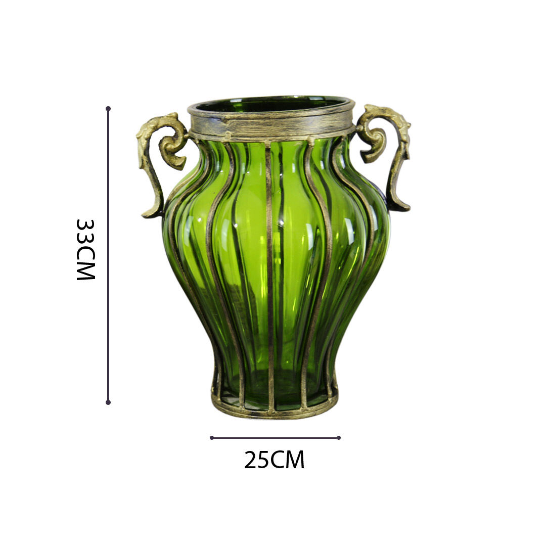 Colored European Glass Home Decor Flower Vase with Two Metal Handle Price