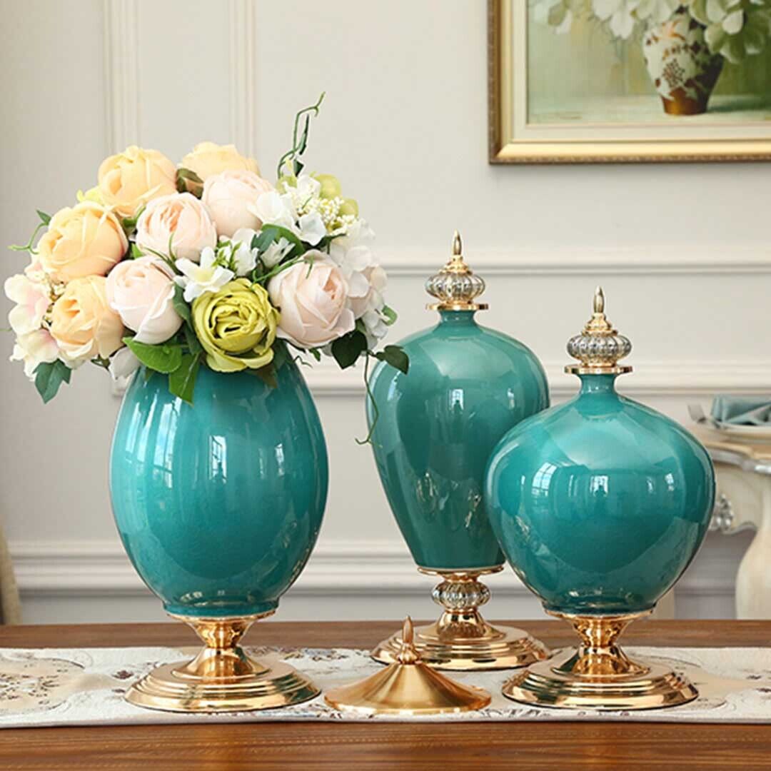 3x Ceramic Oval Flower Vase with Blue Flower Set Price