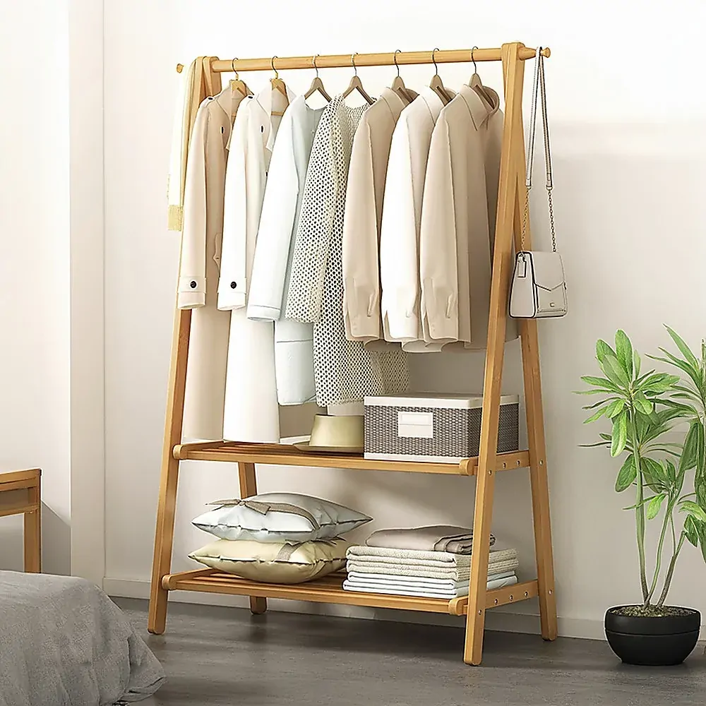 Portable Clothes Rack Coat Garment Stand Bamboo Rail Hanger Airer Closet.. Price