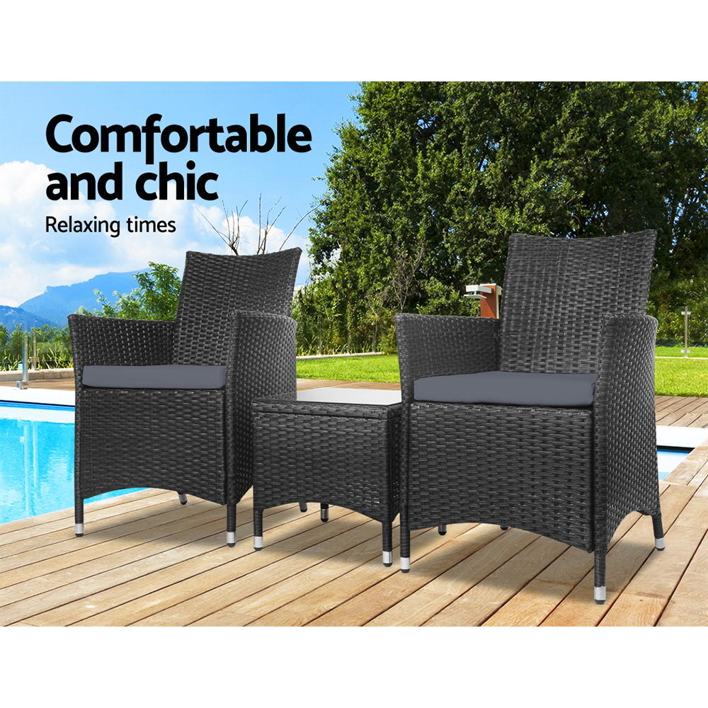 Gardeon 3PC Outdoor Bistro Set Patio Furniture Wicker Setting Chairs Table Cushion Black Price