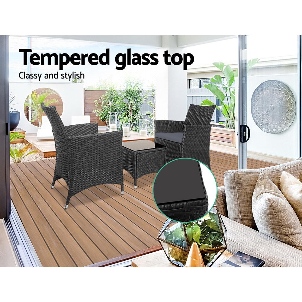 Gardeon 3PC Outdoor Bistro Set Patio Furniture Wicker Chairs Table Cushion All Black Price