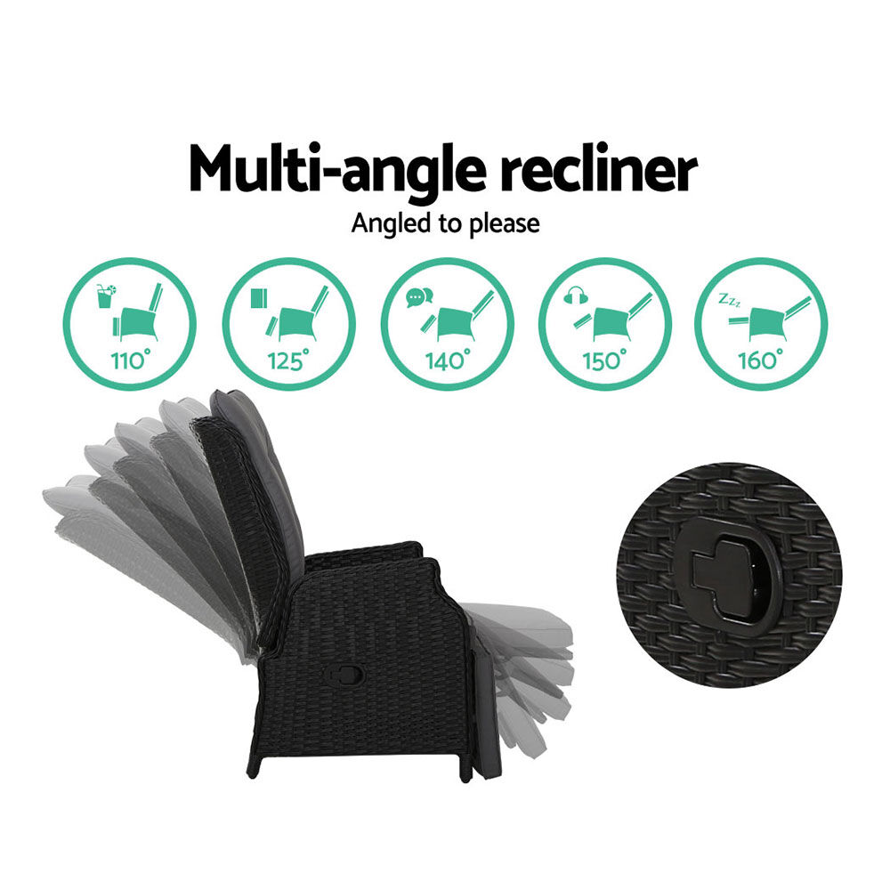 Gardeon 3PC Recliner Chairs Table Sun lounge Outdoor Furniture Wicker Adjustable Black Price