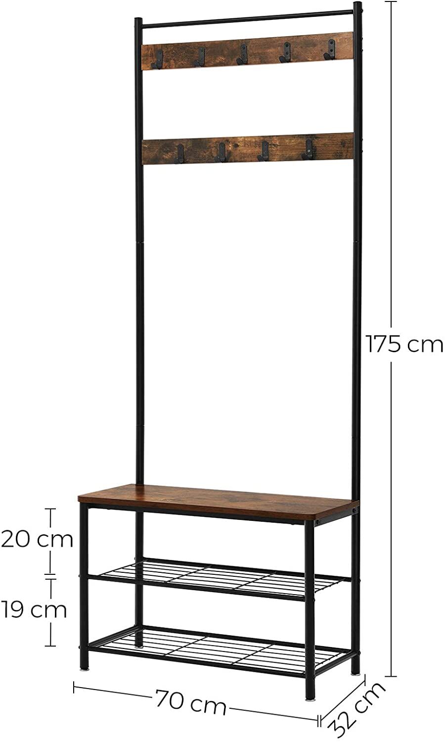 Rustic Brown Coat Rack Stand with Hallway Shoe Rack and Bench with Shelves Matte Metal Frame Height 175 cm Price