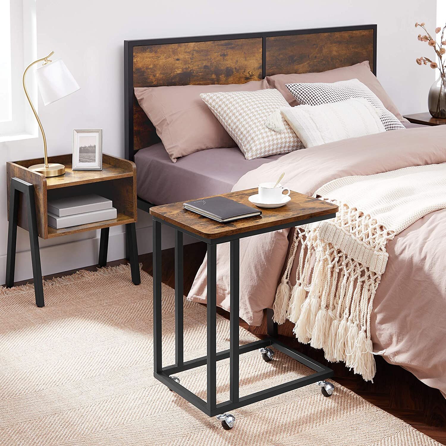 Coffee Table with Steel Frame and Castors Rustic Brown and Black Price