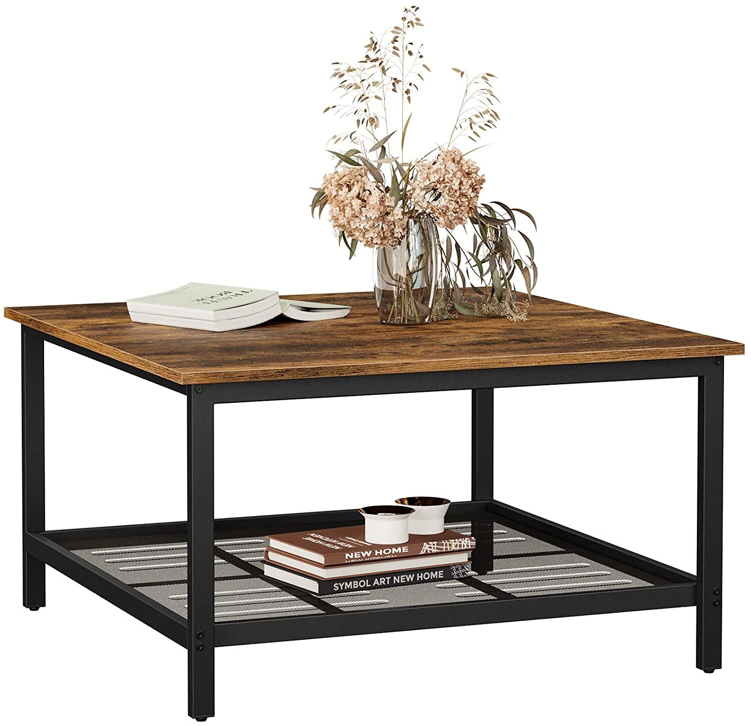 Robust Coffee Table Steel Frame and Mesh Storage Shelf, Rustic Brown and Black Price