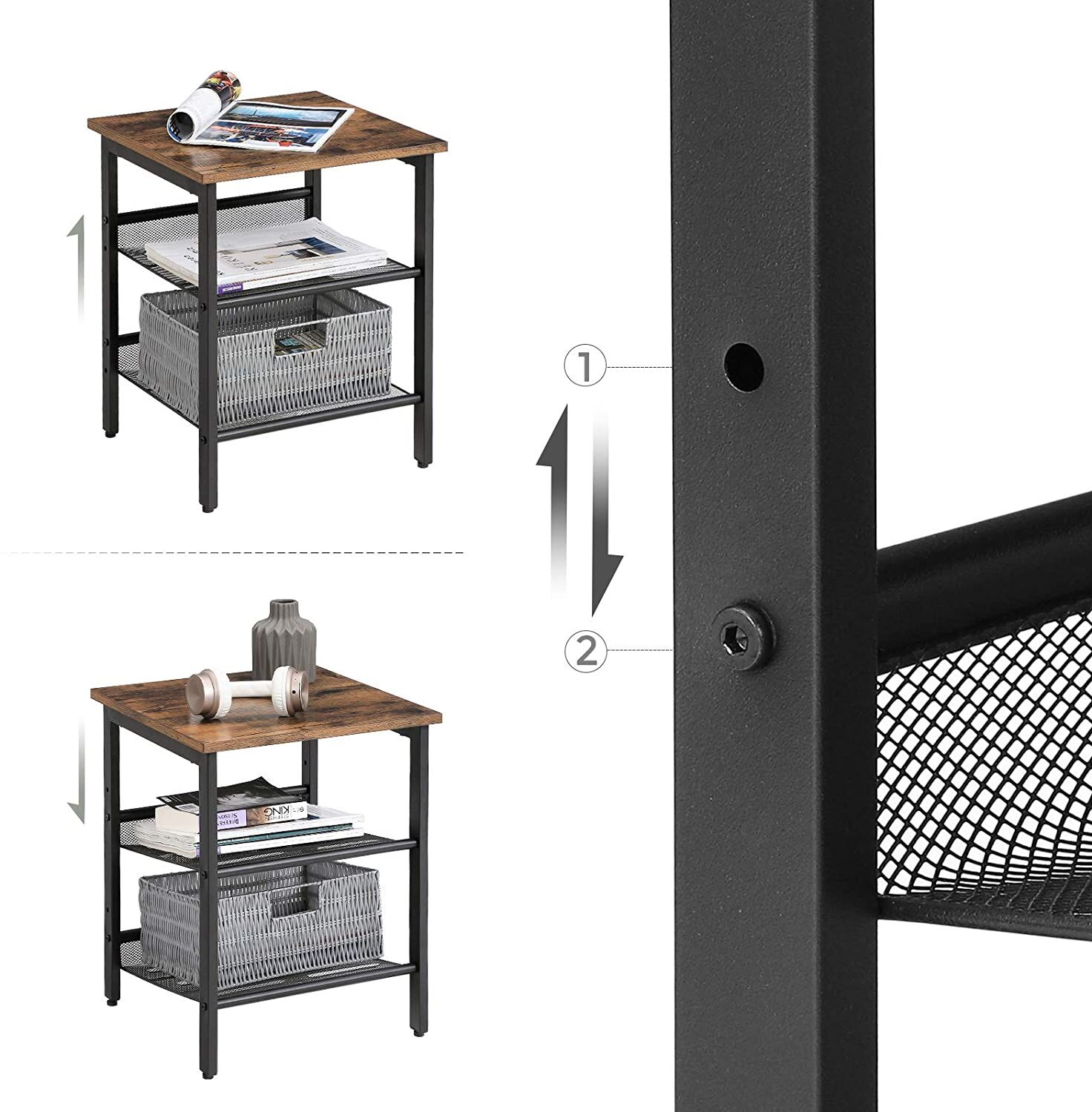 Industrial Set of 2 Bedside Tables with Adjustable Mesh Shelves Rustic Brown and Black Price
