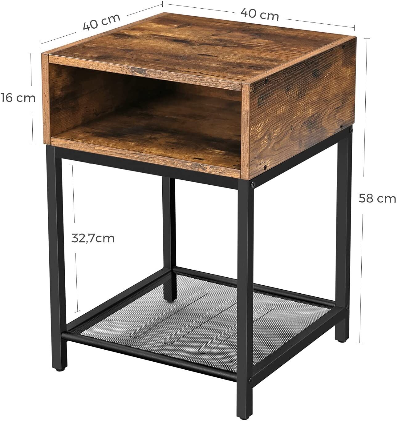 Side Table with Open Compartment and Mesh Shelf Rustic Brown and Black Price