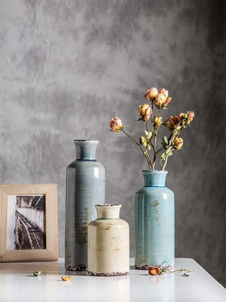 Ceramic Vases Set of 3 Crackled Finish Blue Farmhouse for Home D?cor Price