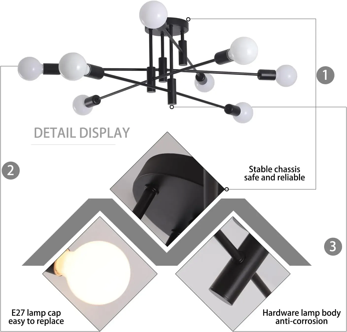 Modern Semi Flush Chandelier, 8 Light, Black Price