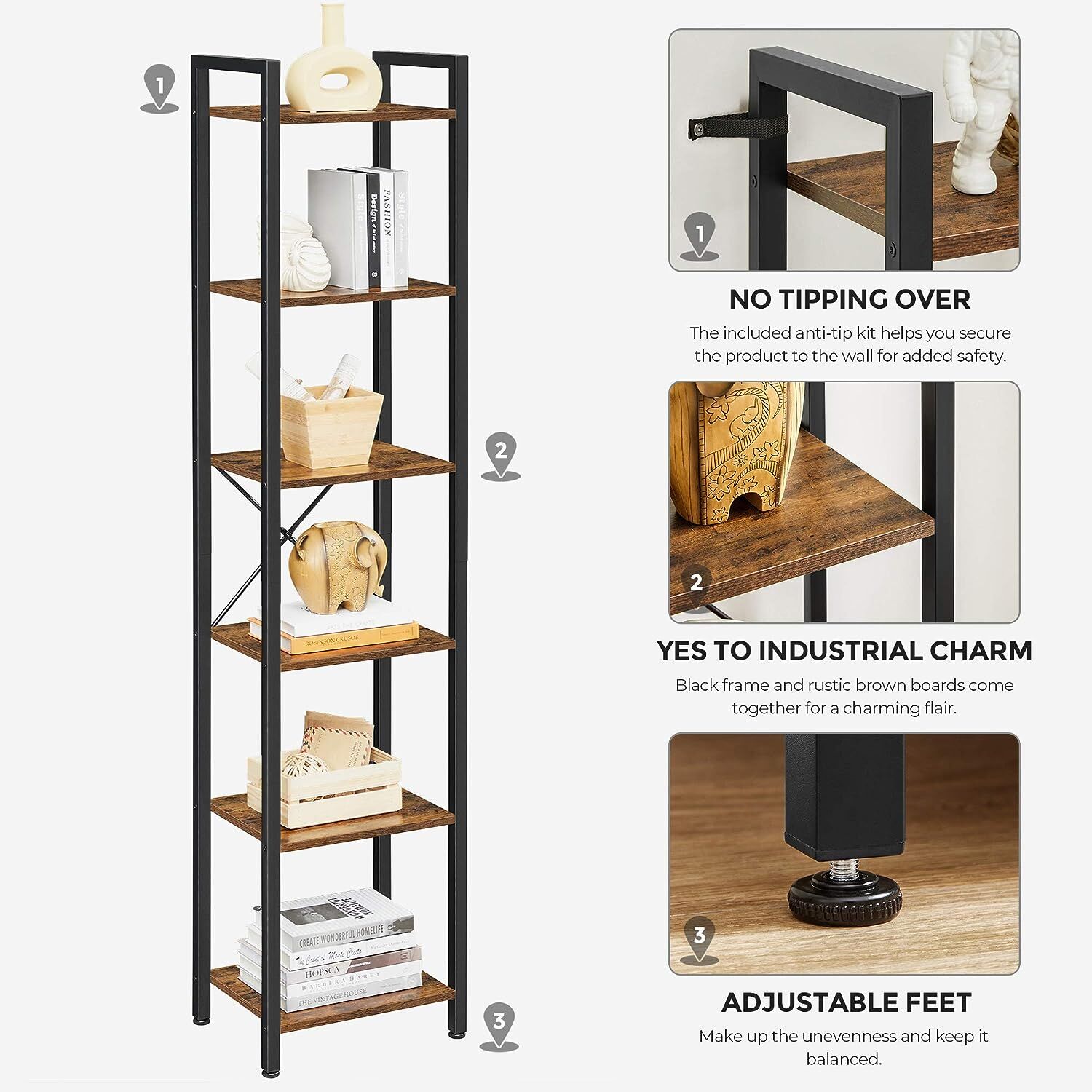 Small 6-Tier Industrial Bookshelf, Rustic Brown, Black Price
