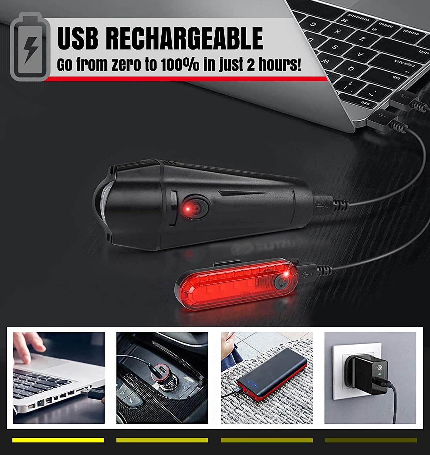 Waterproof Rechargeable LED Bike Lights Set (2000mah Lithium Battery, IPX4, 2 USB Cables) Price