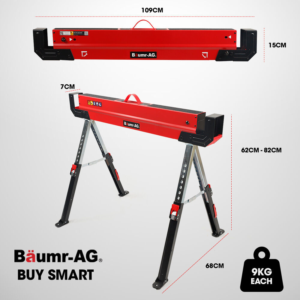 BAUMR-AG 2 x Steel Saw Horse, Folding Height Adjustable Sawhorse, 1180kg Capacity, 2x4 Support Arms Price