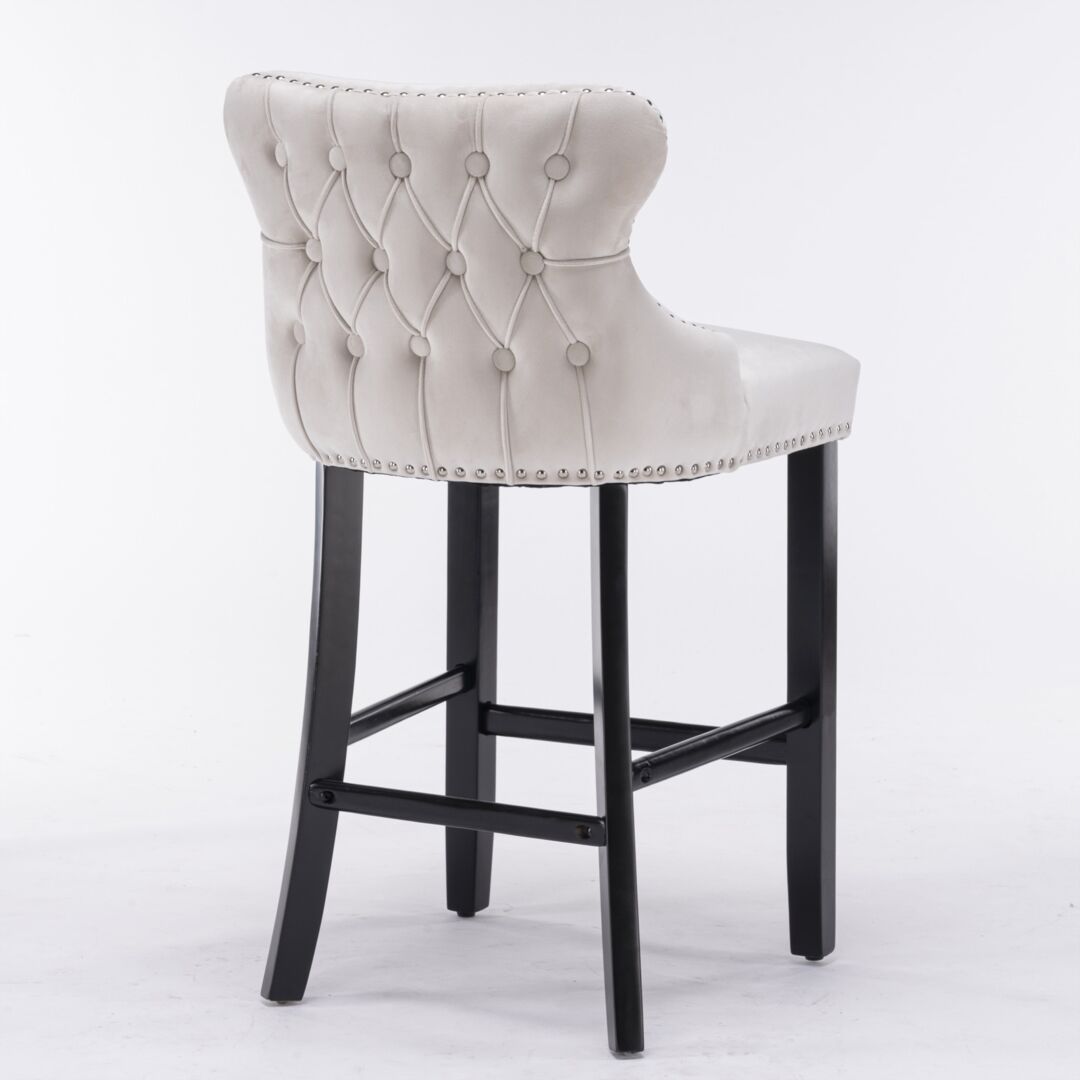 4x Velvet Upholstered Button Tufted Bar Stools with Wood Legs and Studs-Beige Price