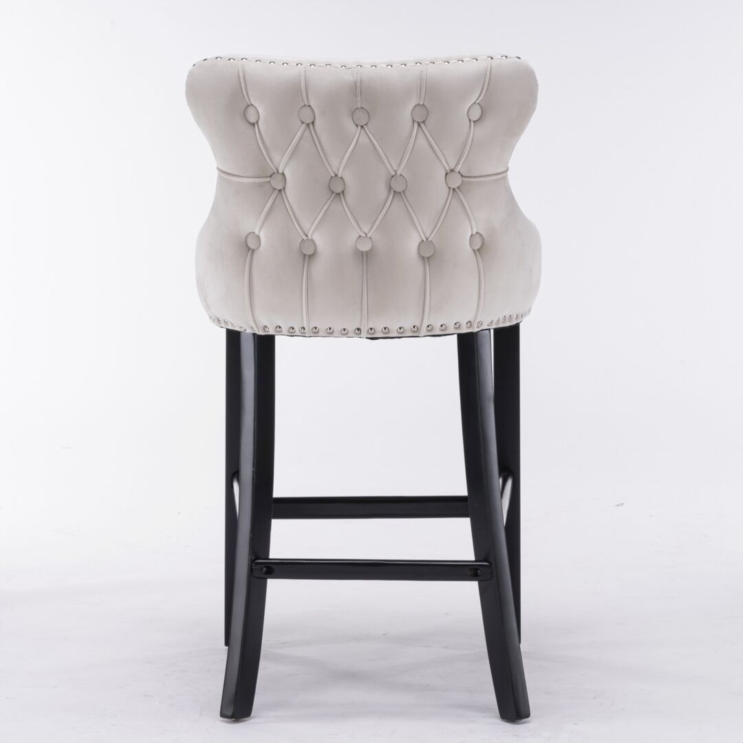 2x Velvet Upholstered Button Tufted Bar Stools with Wood Legs and Studs-Beige Price