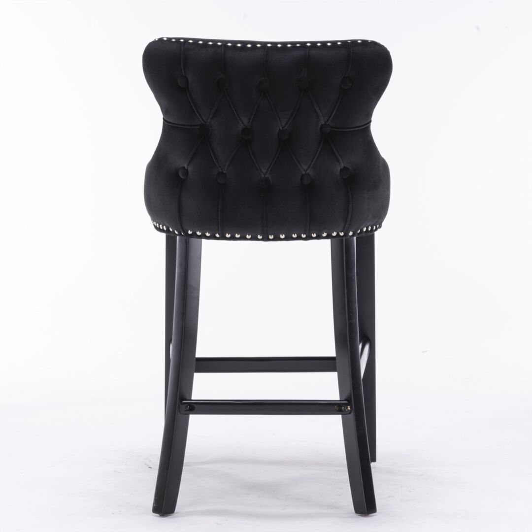 2x Velvet Upholstered Button Tufted Bar Stools with Wood Legs and Studs-Black Price