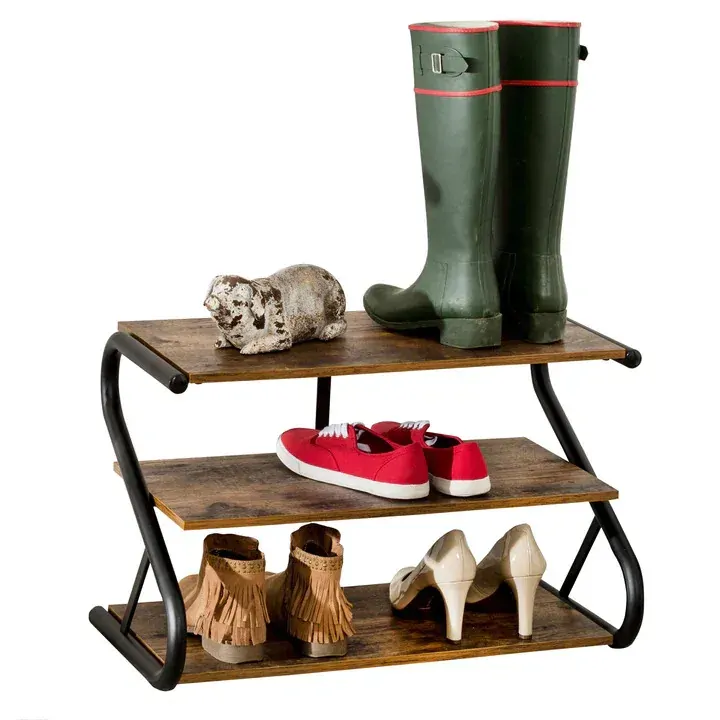 Matte Black Frame Rustic Wood 3-Tier Medium Shoe Rack Shelf Stand Storage Organizer Price