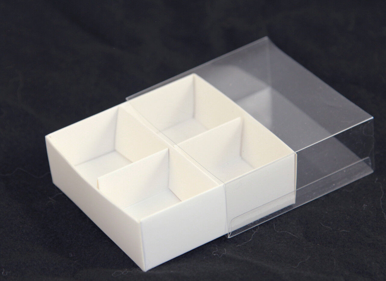 100 Pack of White Card Chocolate Sweet Soap Product Reatail Gift Box - 4 Bay Compartments - Clear Slide On Lid - 8x8x3cm Price