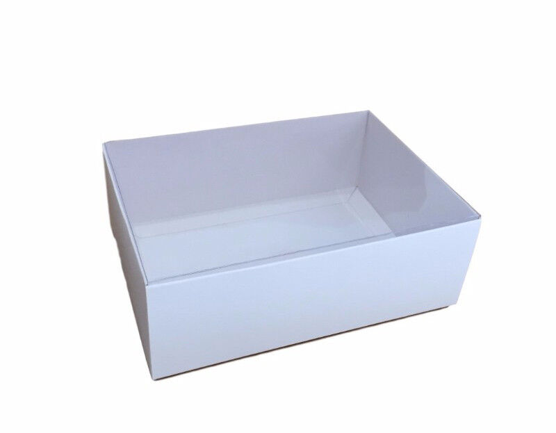 100 Pack of White Card Square Box - Clear Slide On Lid - 20 x 20 x 8cm - Large Beauty Product Gift Giving Hamper Tray Merch Fashion Cake Sweets Xmas Price