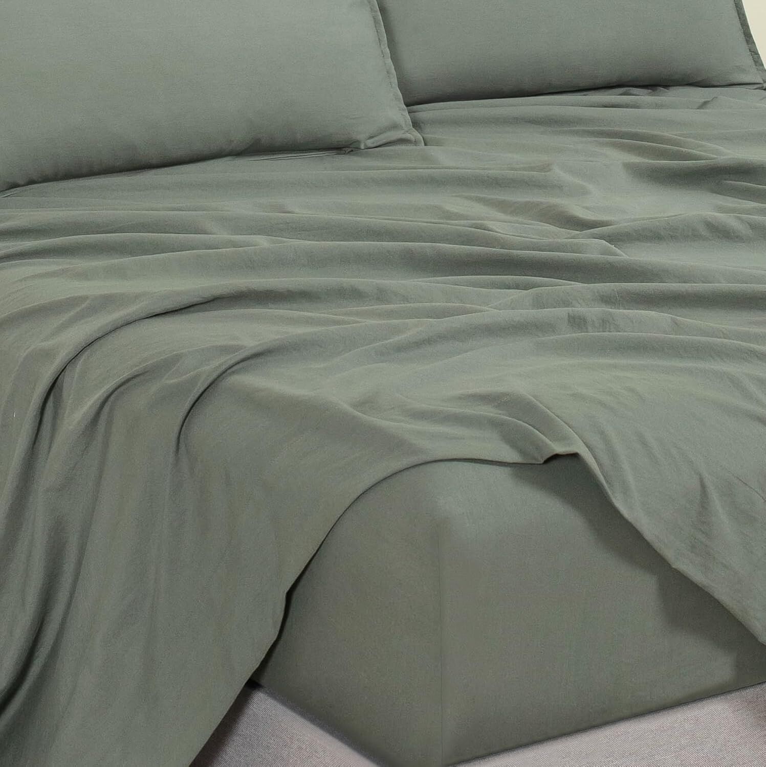 CleverPolly Vintage Washed Microfibre Sheet Set with 2 Pillowcases - Khaki Green - King Price
