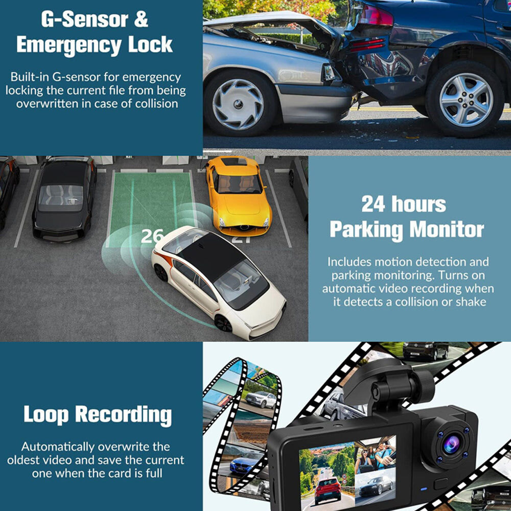 3 Channel Car DVR HD 1080P Vehicle Dash Cam Three Way Camera DVRs Recorder with 32 GB Card Price