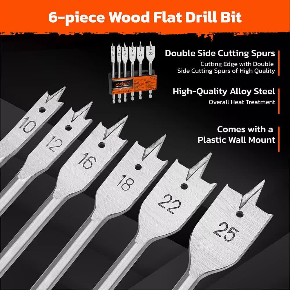 6-Pieces Flat Wood Boring Spade Drill Bit Set Drillbits 10-25mm Bits 1/4" Shank Price
