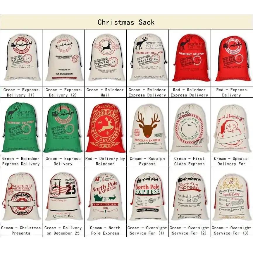 50x70cm Canvas Hessian Christmas Santa Sack Xmas Stocking Reindeer Kids Gift Bag, Cream - Overnight Service For (3) Price