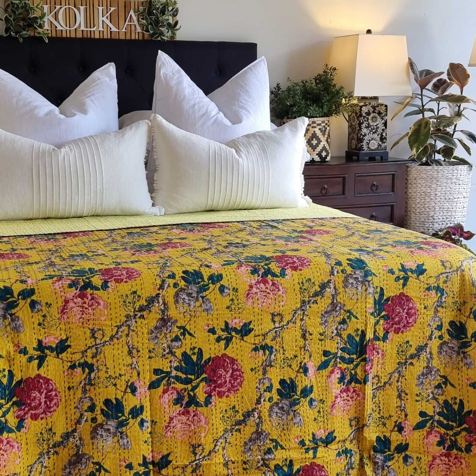 Mustard Peony Kantha Bedspread Coverlet - Mustard (King - 228 cm x 274 cm) Price