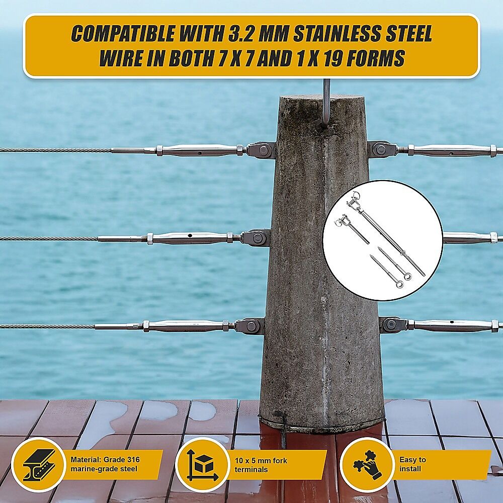 Stainless Steel Wire Rope DIY Balustrade Kit Jaw/Swage Fork Turnbuckle - 10 pack Price