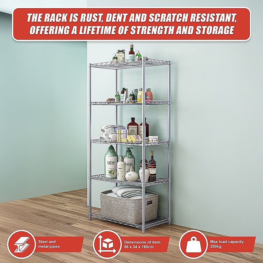 5 Tier Silver Metal Storage Rack Shelving Wire Shelf Price