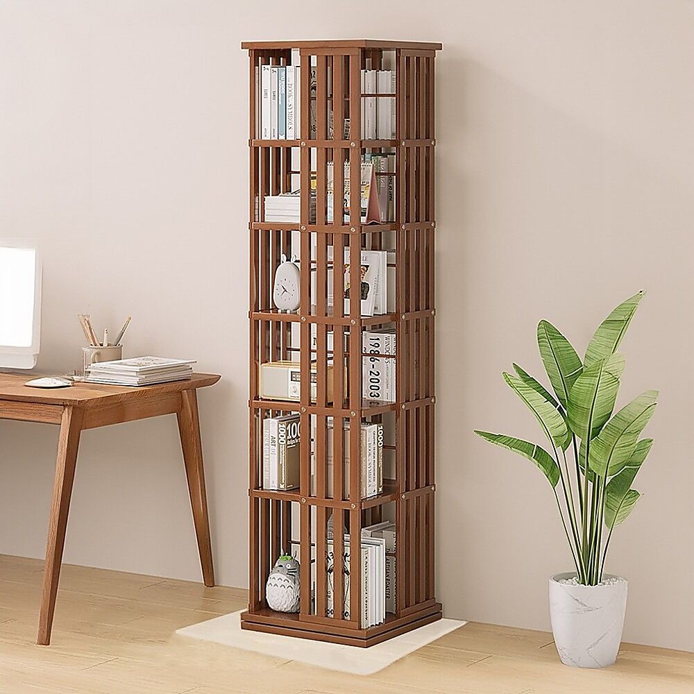 360 Rotating Bookshelf Bamboo Storage Display Rack Shelving in Dark Wood Price