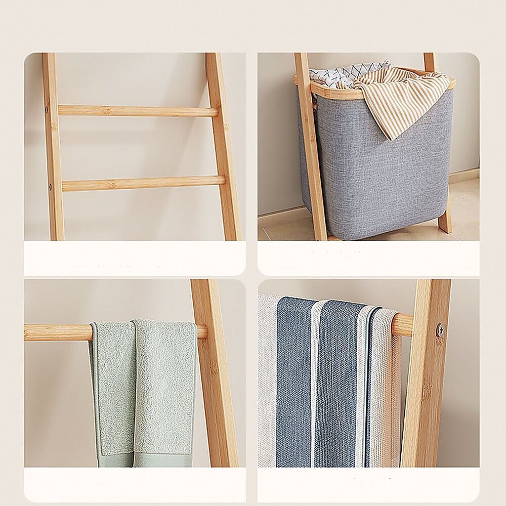 Wall Leaning Ladder Shelf with Laundry Basket Clothes Hamper Bath Towel Rack in Grey Price
