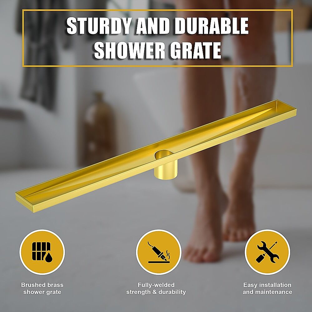 900mm Bathroom Shower Brushed Brass Grate Drain w/ Centre outlet Floor Waste Square Pattern Price