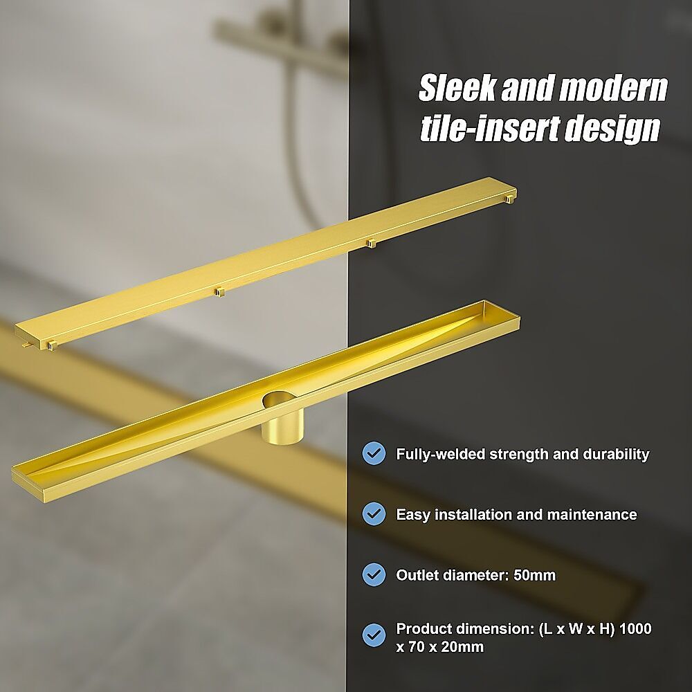 1000mm Tile Insert Bathroom Shower Brushed Brass Grate Drain w/Centre outlet Floor Waste Price