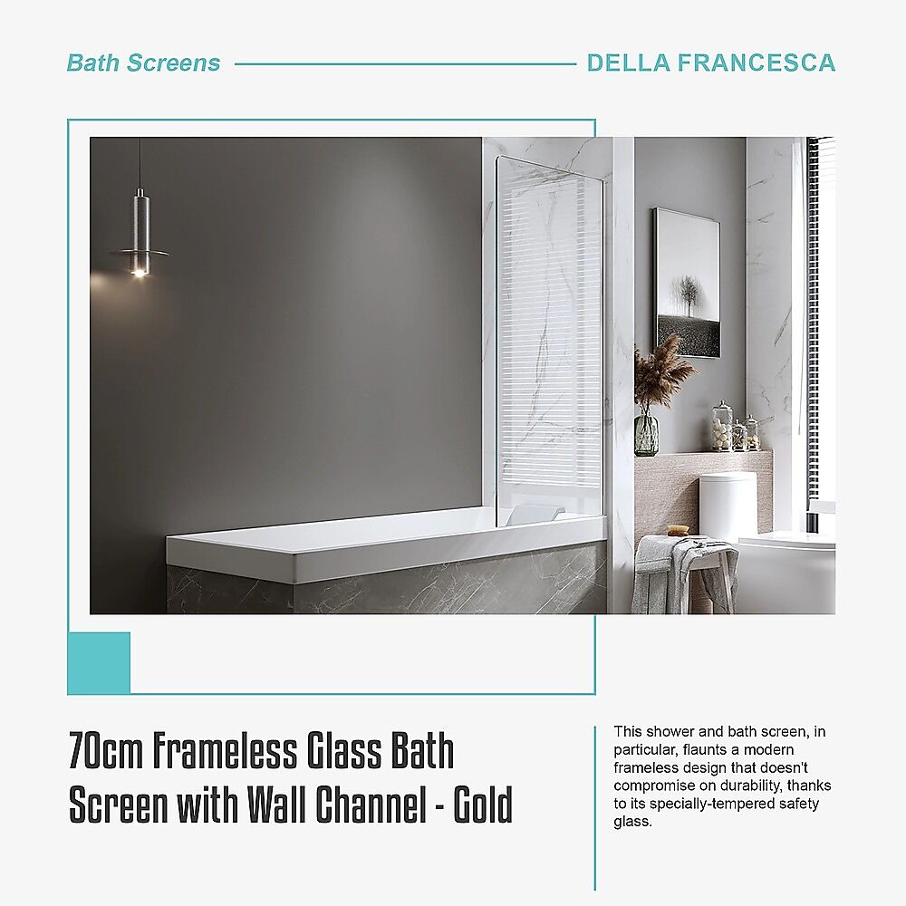 70cm Frameless Glass Bath Screen with Wall Channel - Gold Price