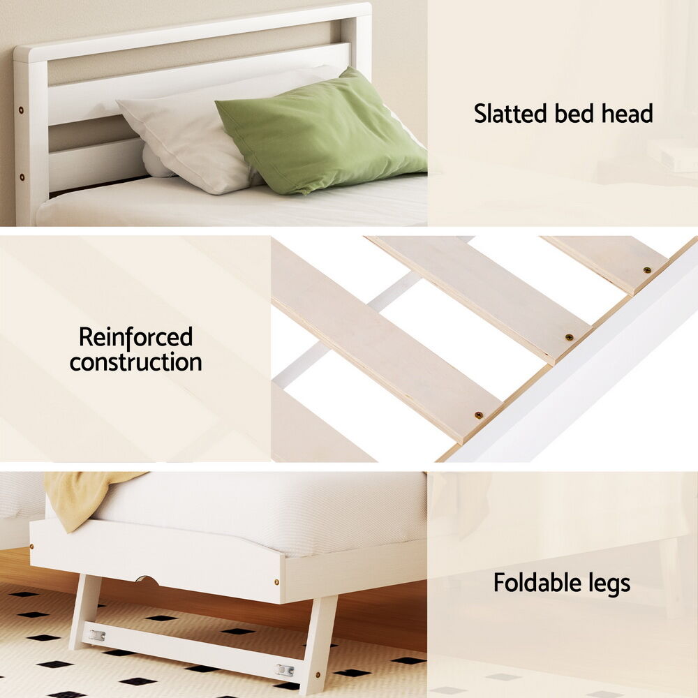 Artiss Bed Frame Single Size 2-in-1 Trundle Wooden White AVIS Price