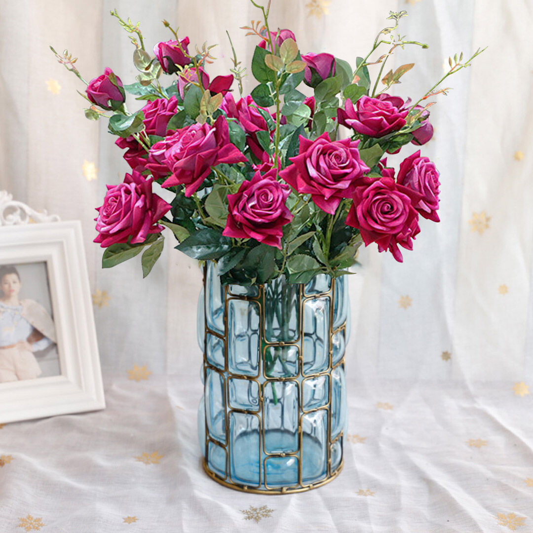 blue glass cylinder flower vase with 8 bunch 5 heads artificial fake silk rose home decor set Price