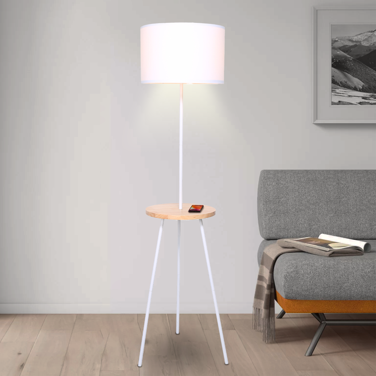 Sarantino Metal Tripod Floor Lamp Shade with Wooden Table Shelf Price