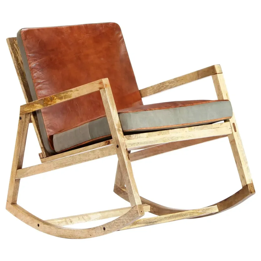 Rocking Chair Brown Real Leather and Solid Mango Wood Price