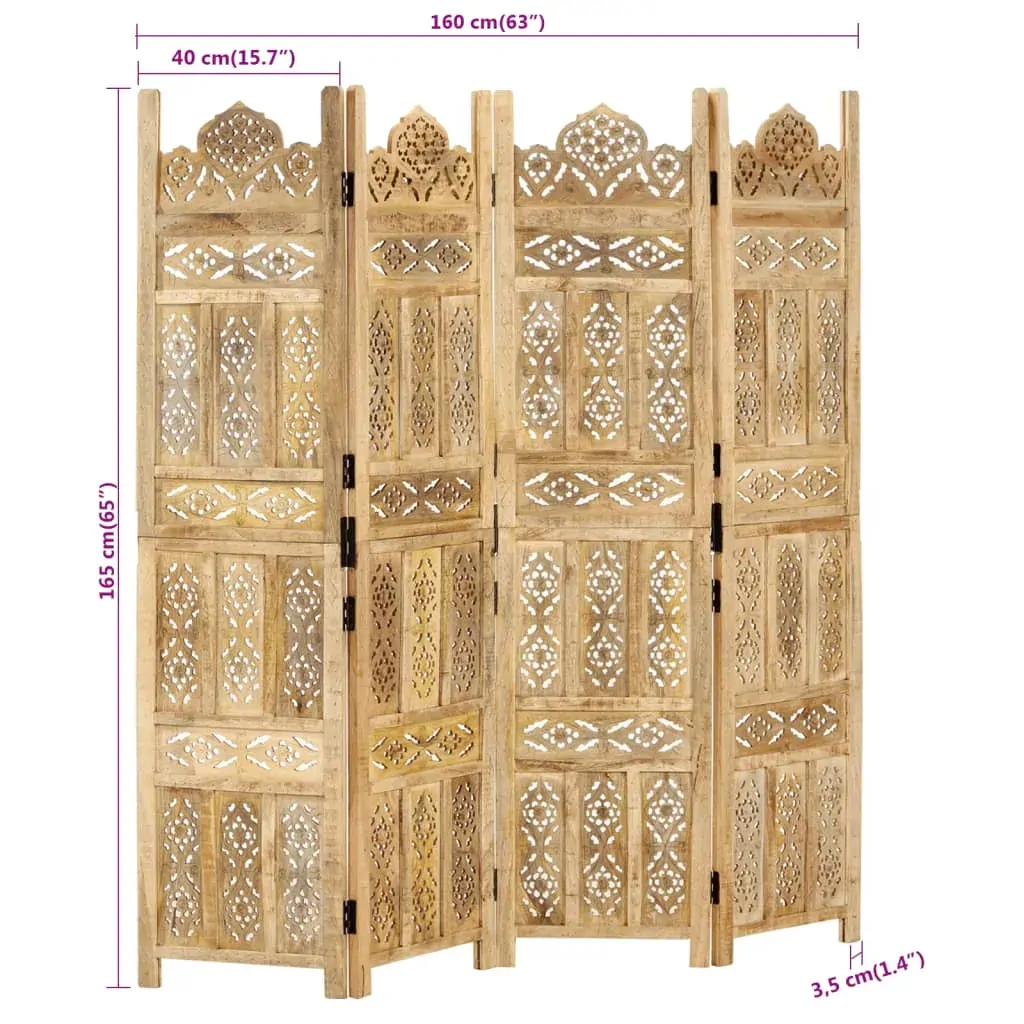 Hand Carved 4-Panel Room Divider 160x165 cm Solid Mango Wood Price