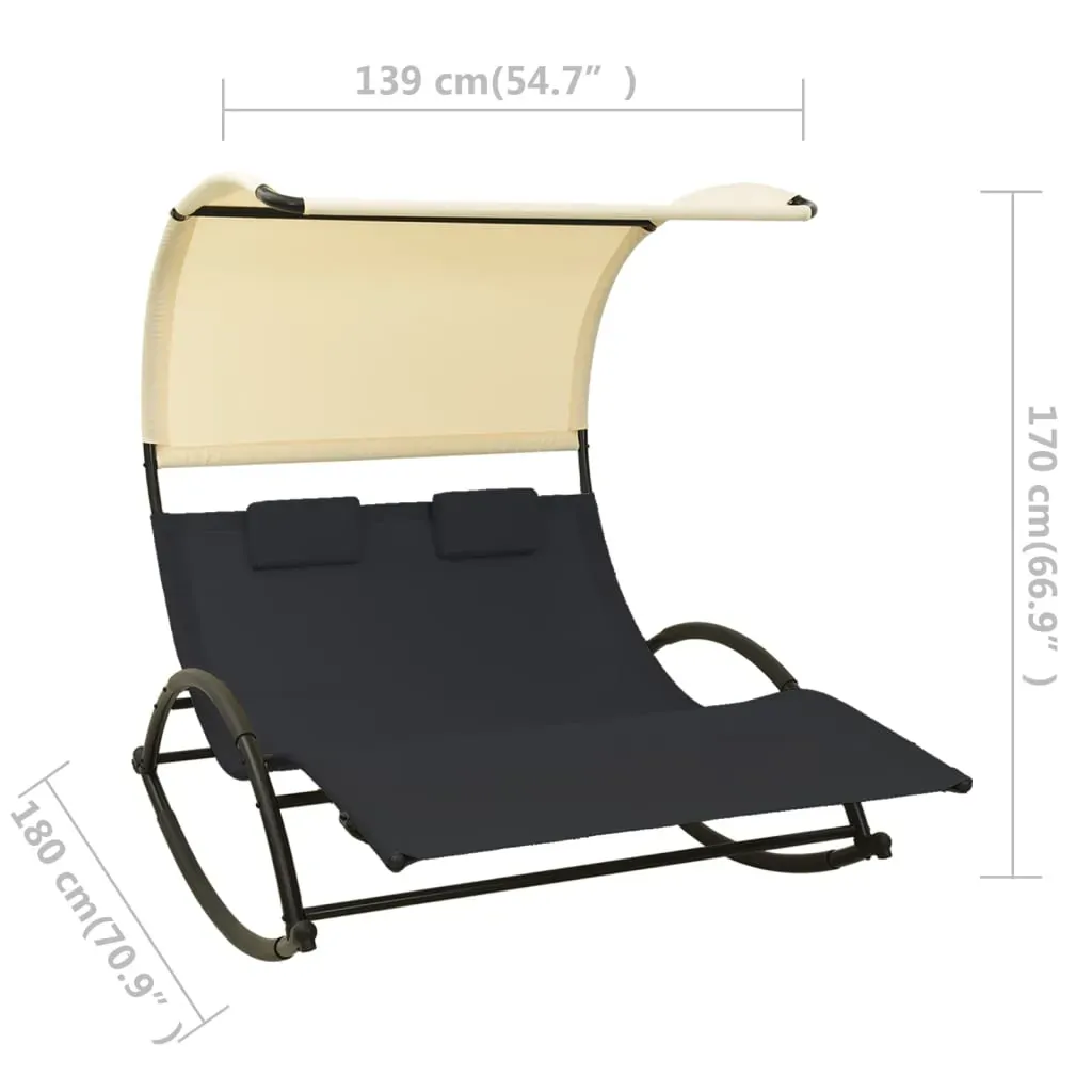 Double Sun Lounger with Canopy Textilene Black and Cream Price