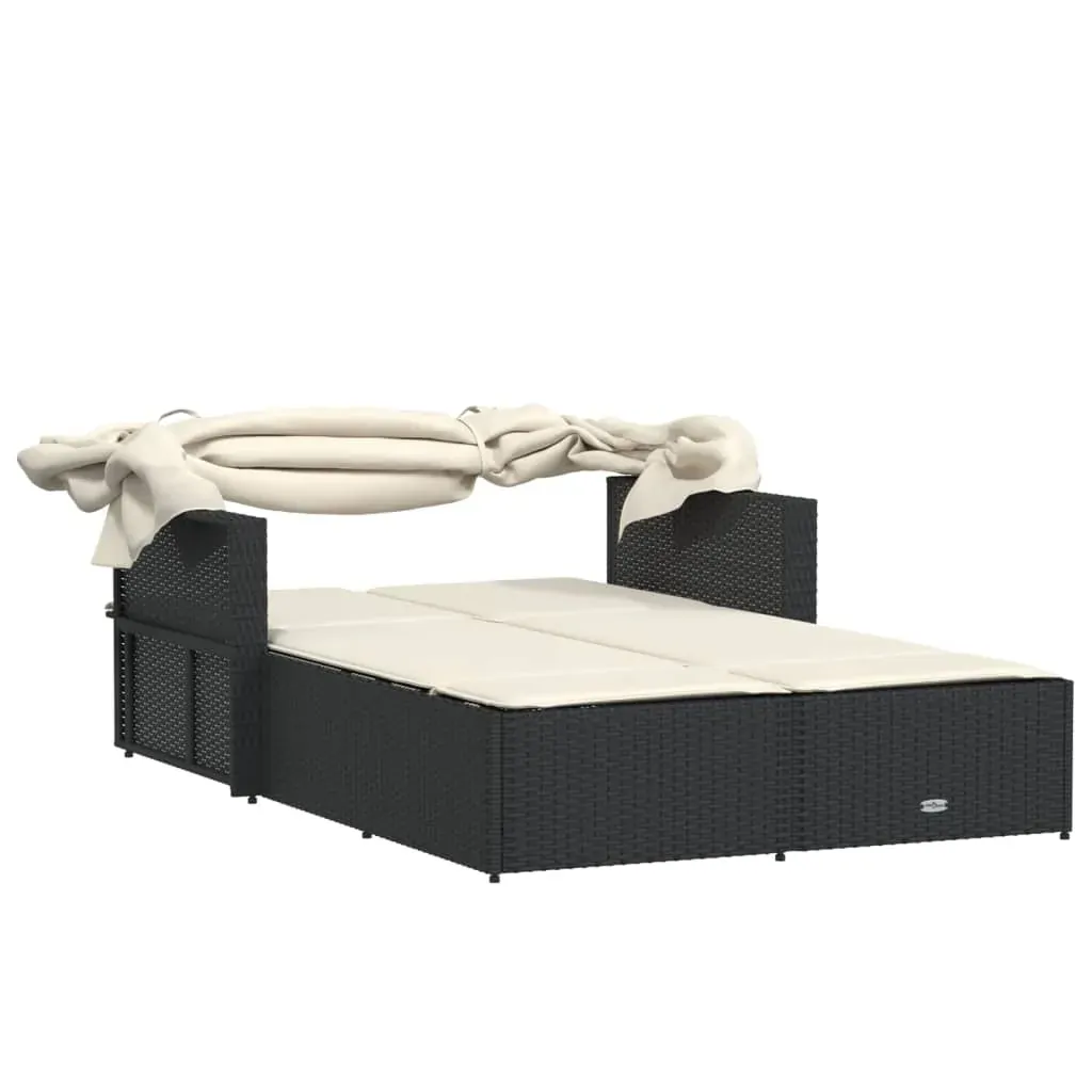 Double Sun Lounger with Canopy and Cushions Black Poly Rattan Price