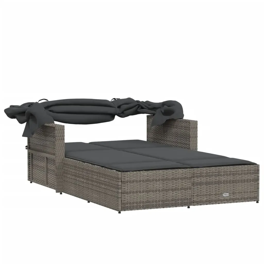 Double Sun Lounger with Canopy and Cushions Grey Poly Rattan Price