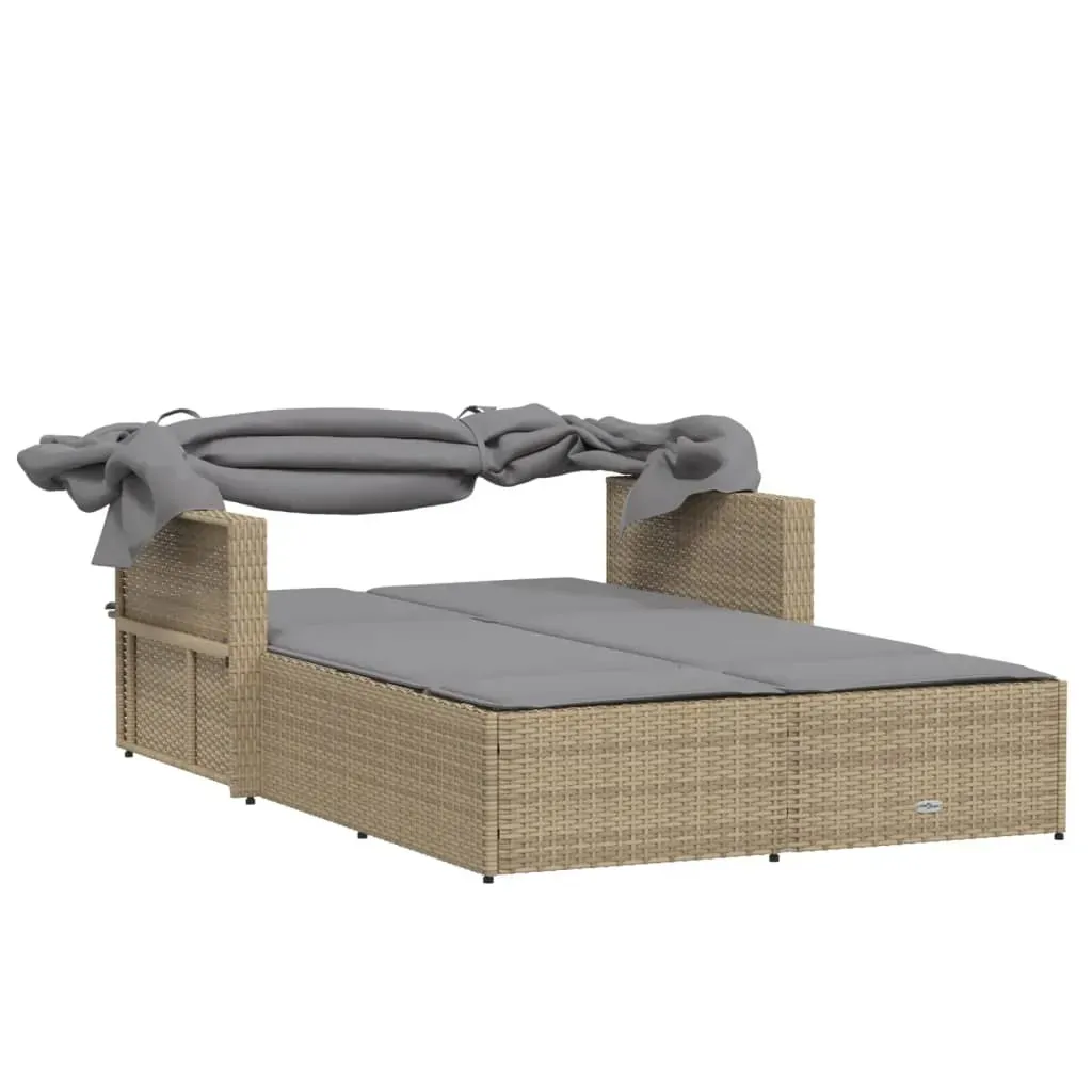 Double Sun Lounger with Canopy and Cushions Mix Beige Poly Rattan Price