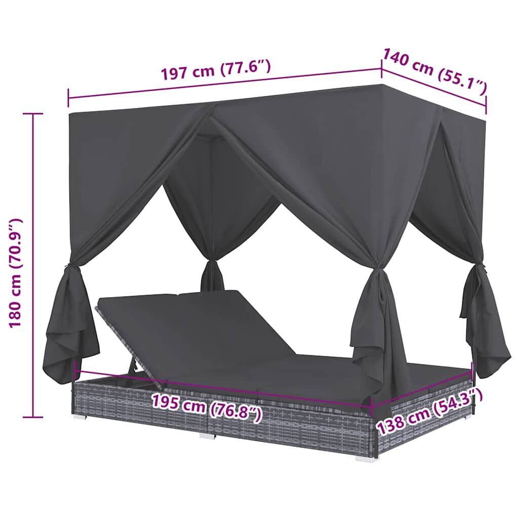 Outdoor Lounge Bed with Curtains Poly Rattan Grey Price